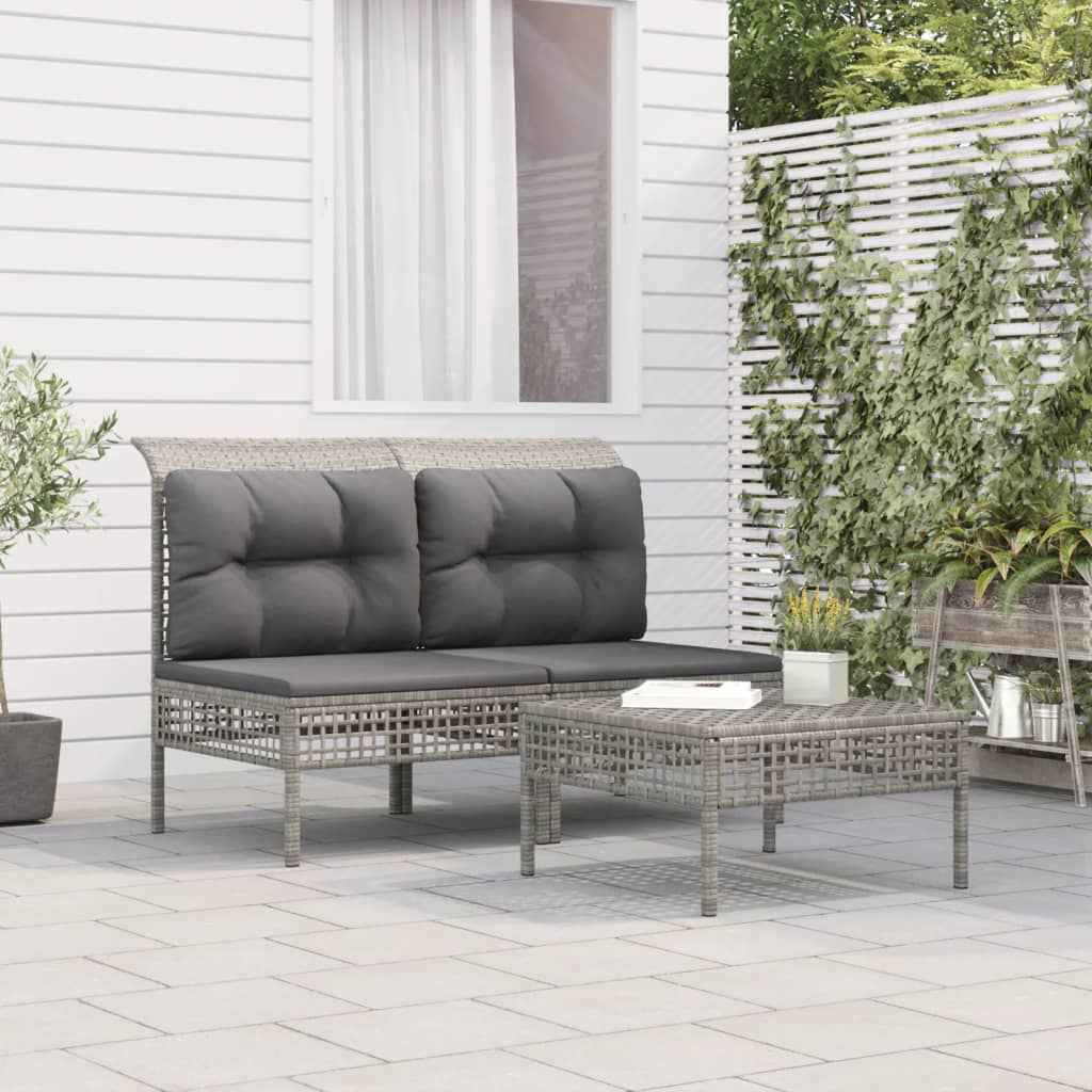 vidaXL 3-delige Loungeset met kussens poly rattan grijs