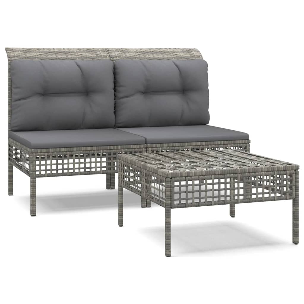 vidaXL 3-delige Loungeset met kussens poly rattan grijs