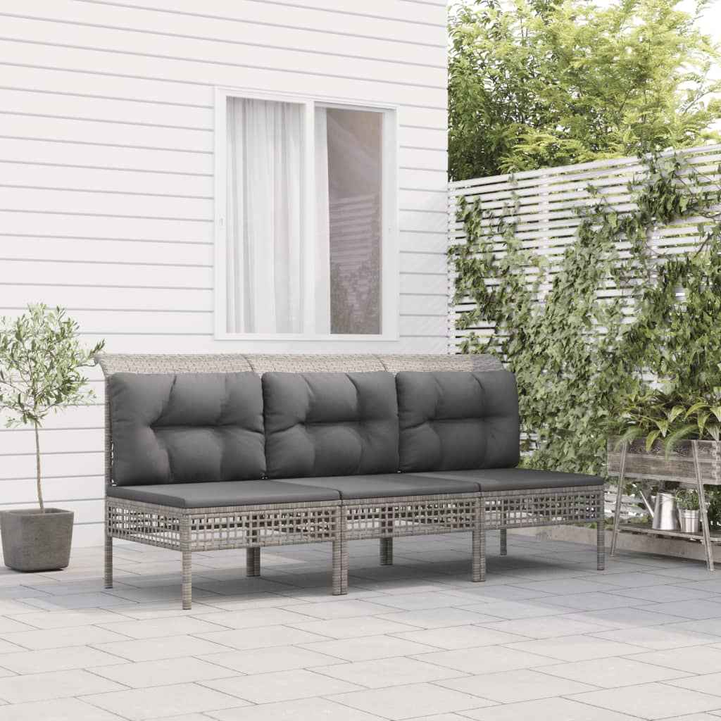 vidaXL 3-delige Loungeset met kussens poly rattan grijs