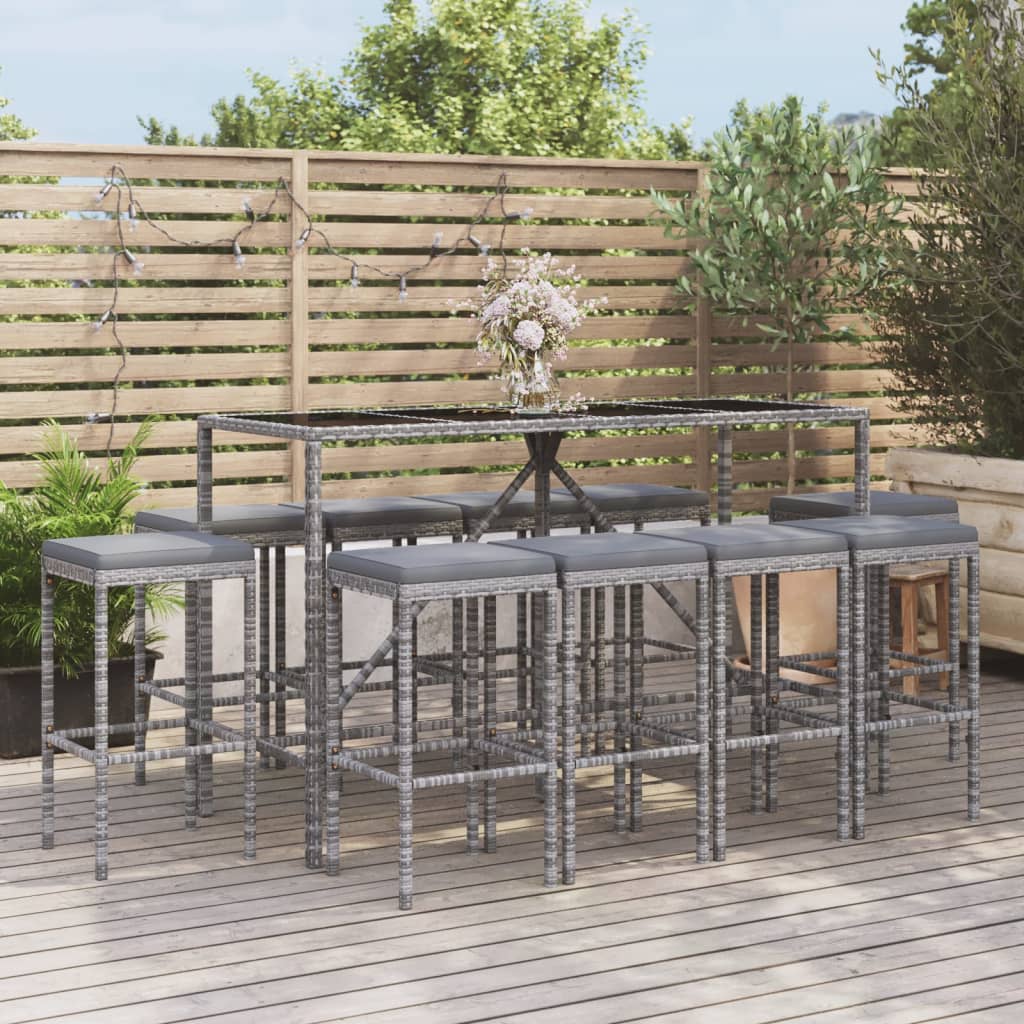 vidaXL 11-delige Tuinbarset met kussens poly rattan zwart