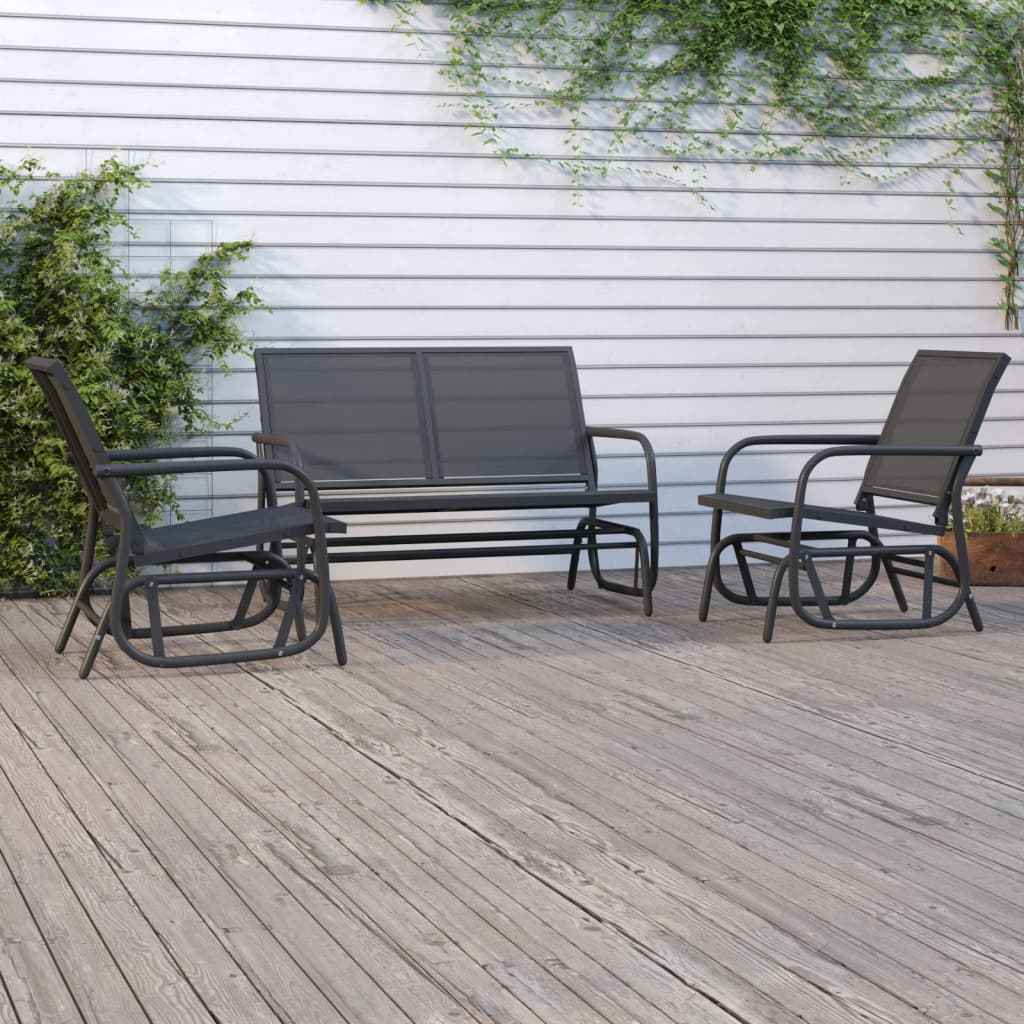 vidaXL 3-delige Loungeset schommel aluminium textileen zwart