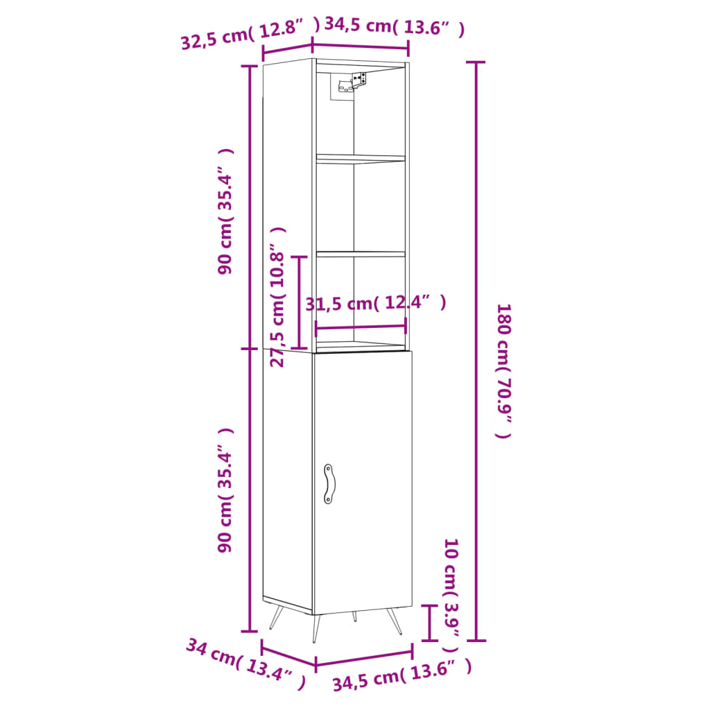 vidaXL Hoge kast 34,5x32,5x180 cm bewerkt hout hoogglans wit