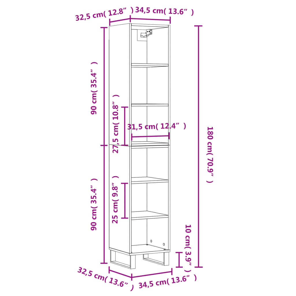 vidaXL Hoge kast 34,5x32,5x180 cm bewerkt hout zwart