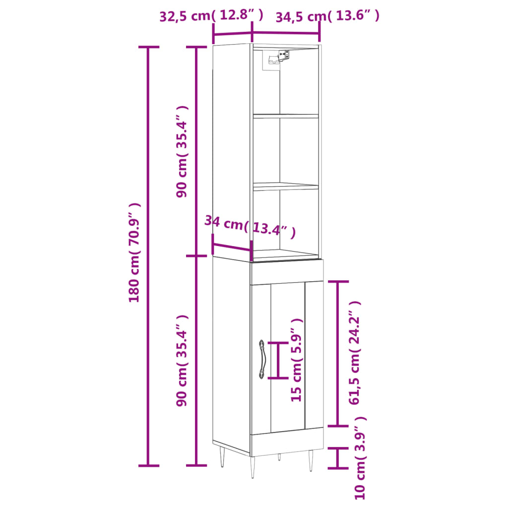 vidaXL Hoge kast 34,5x34x180 cm bewerkt hout zwart - Aashly