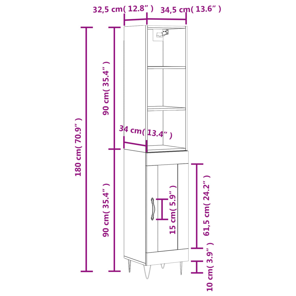 vidaXL Hoge kast 34,5x34x180 cm bewerkt hout hoogglans wit
