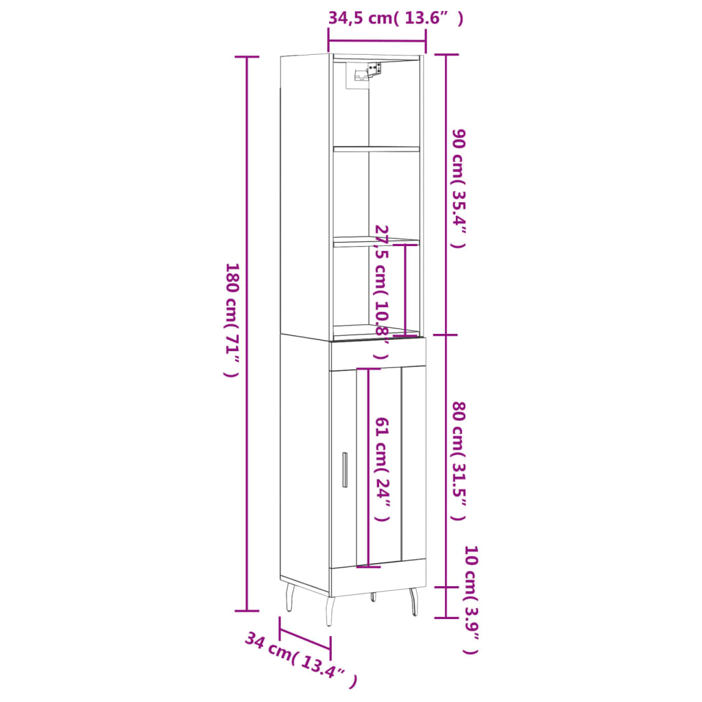 vidaXL Hoge kast 34,5x34x180 cm bewerkt hout hoogglans wit