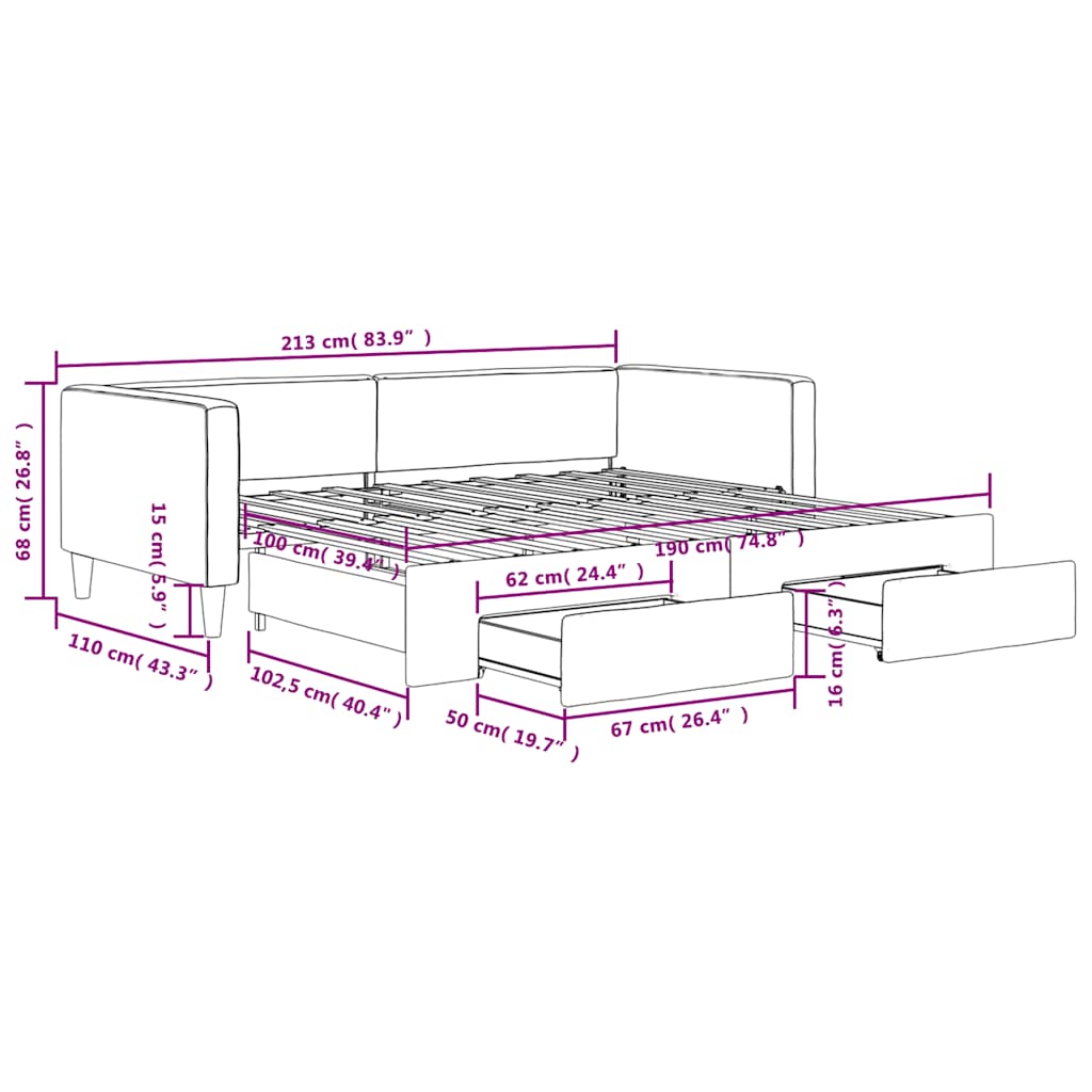 vidaXL Slaapbank met onderschuifbed 100x190 cm stof lichtgrijs