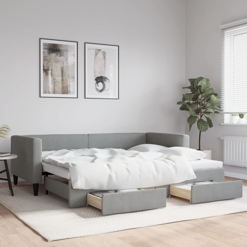 vidaXL Slaapbank met onderschuifbed 100x190 cm stof lichtgrijs