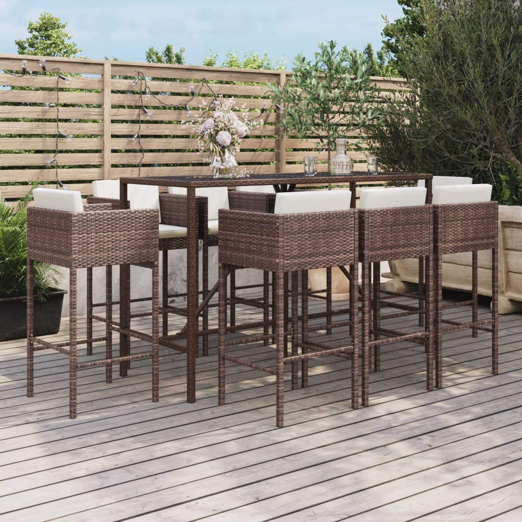 vidaXL 9-delige Tuinbarset met kussens poly rattan bruin
