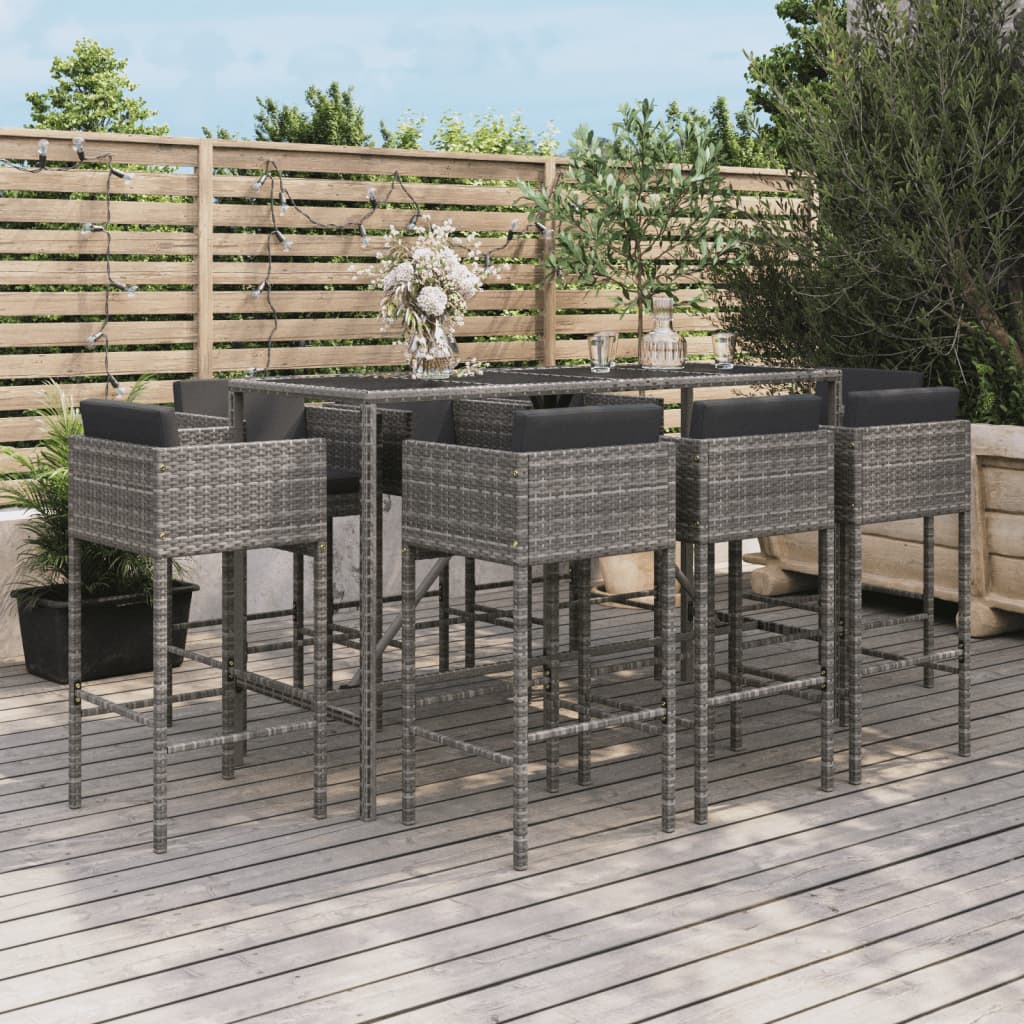 vidaXL 9-delige Tuinbarset met kussens poly rattan bruin