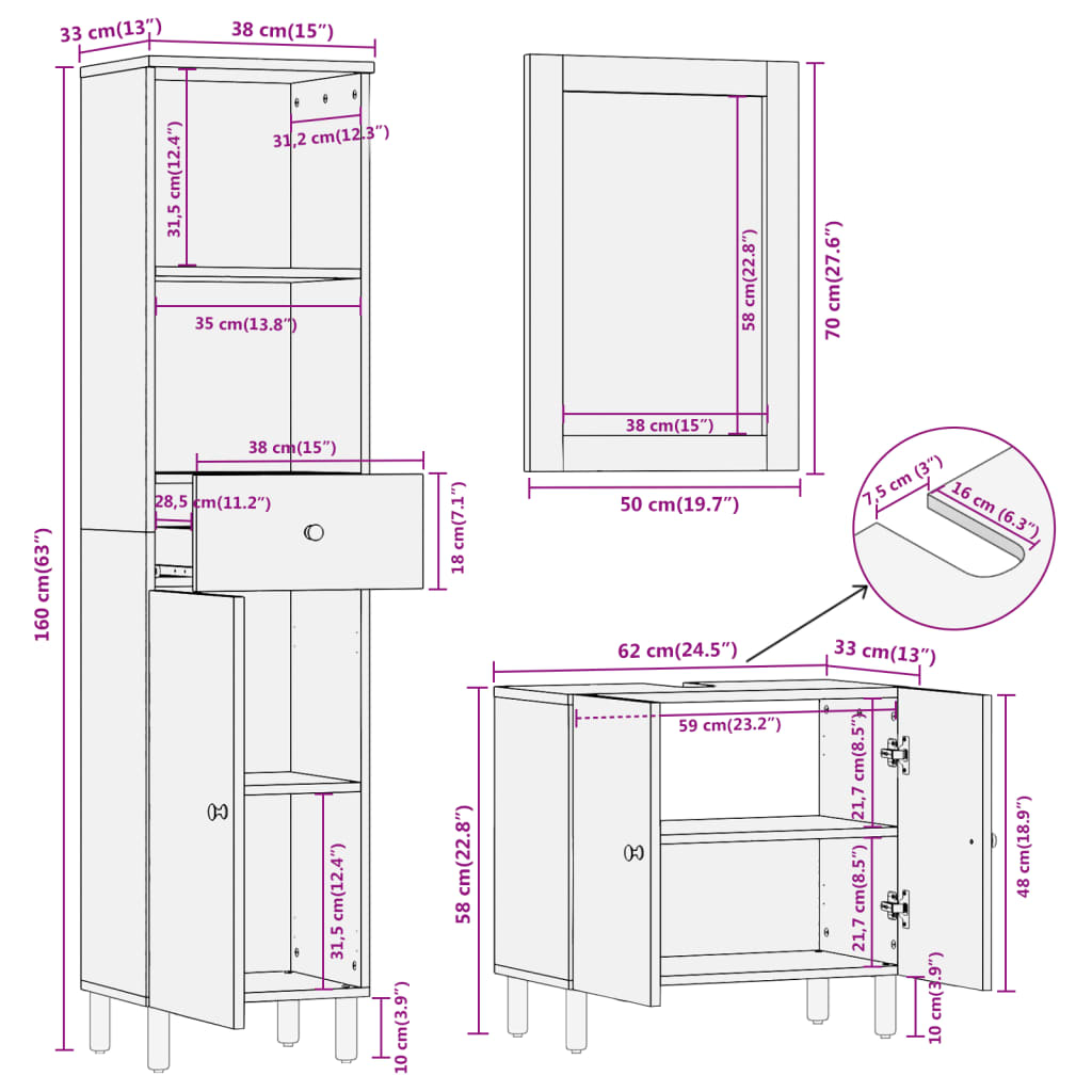 vidaXL 3-Piece Bathroom Furniture Set Solid Mango Wood