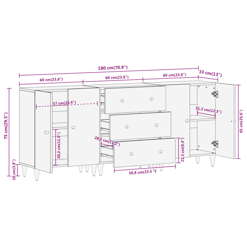 vidaXL Bijzetkasten 2 st 60x33x75 cm massief mangohout