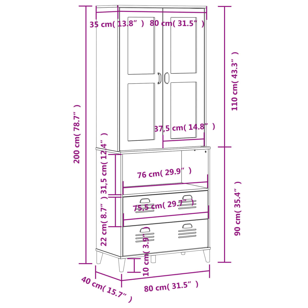 vidaXL Hoge kast VIKEN 80x40x200 cm massief grenenhout wit