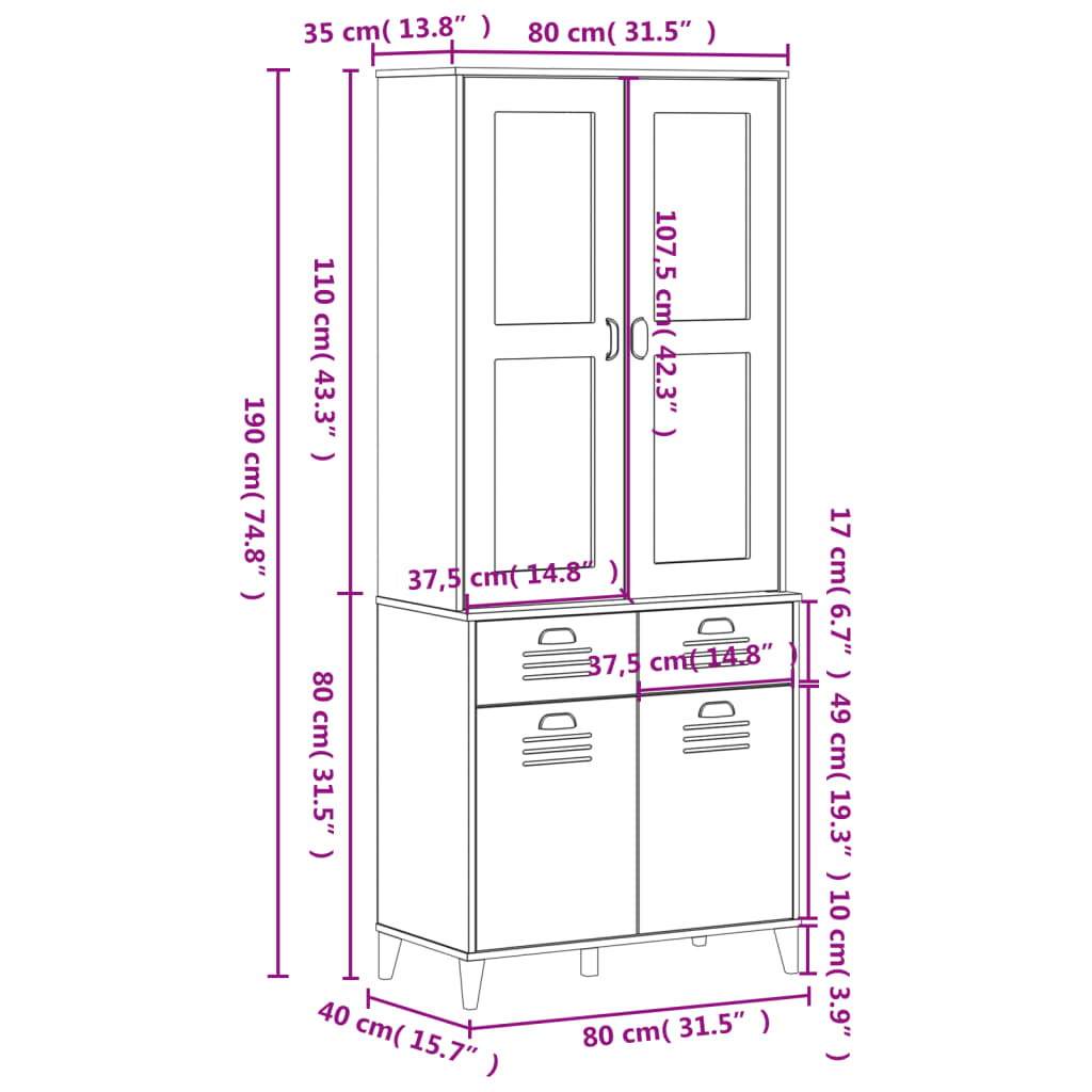 vidaXL Hoge kast VIKEN 80x40x190 cm massief grenenhout wit