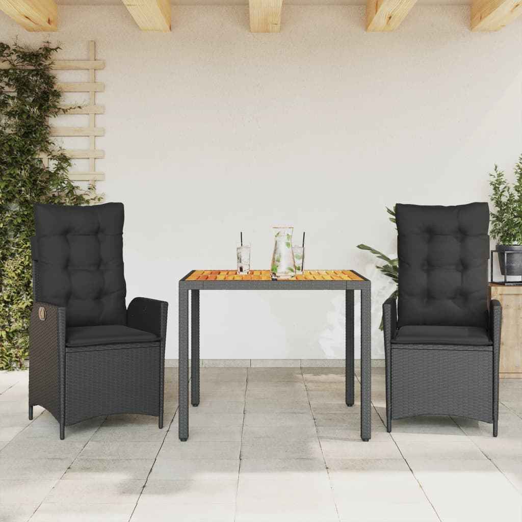 vidaXL 3-delige Tuinset met kussens poly rattan zwart
