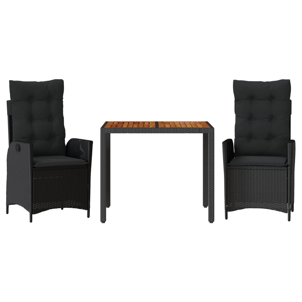 vidaXL 3-delige Tuinset met kussens poly rattan zwart