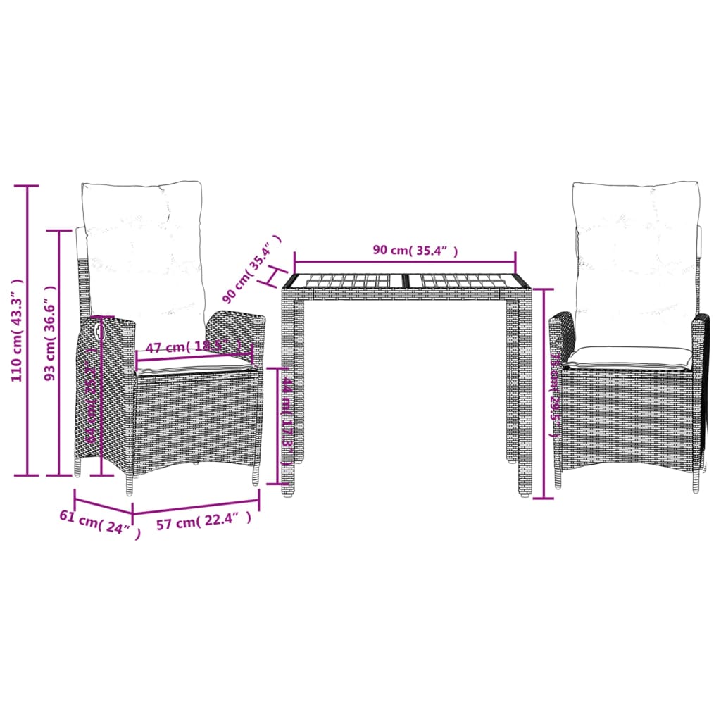 vidaXL 3-delige Tuinset met kussens poly rattan zwart