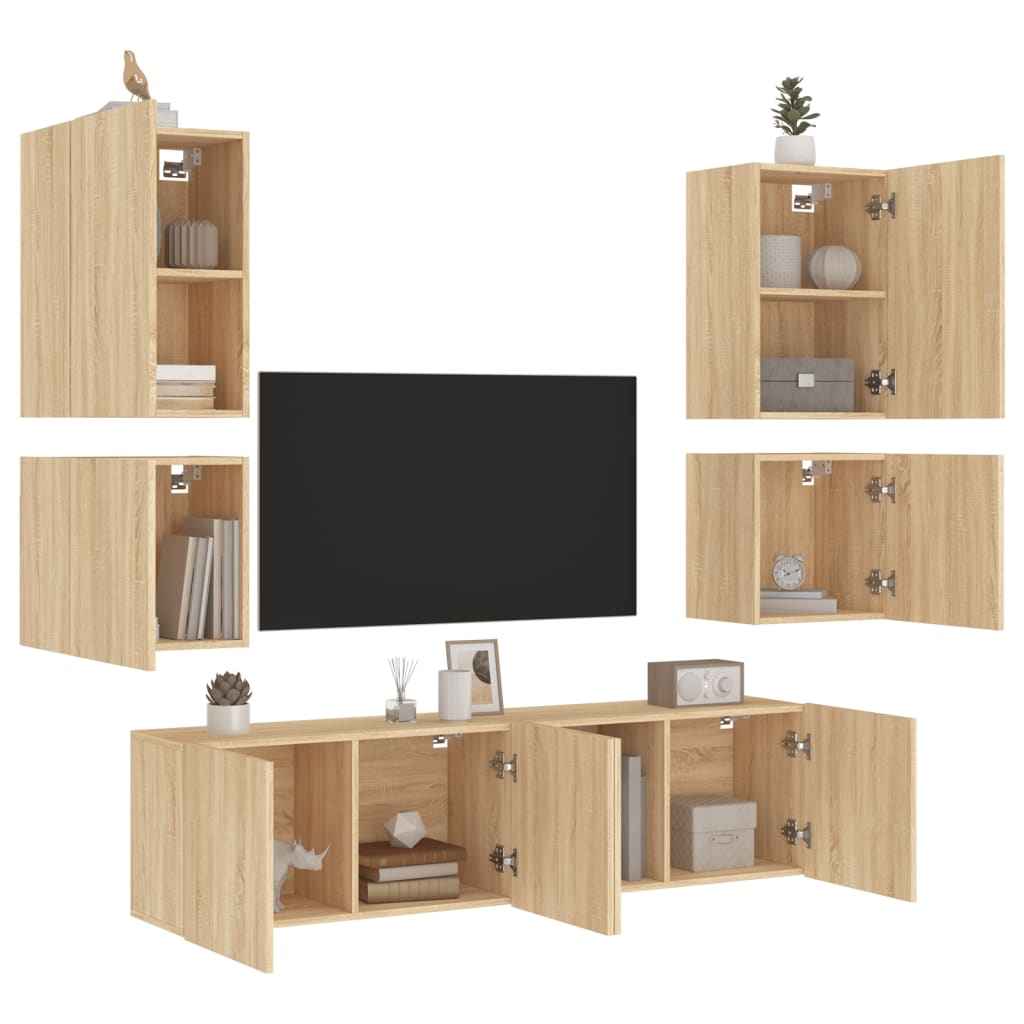 vidaXL 6-delige Tv-wandmeubelset bewerkt hout betongrijs