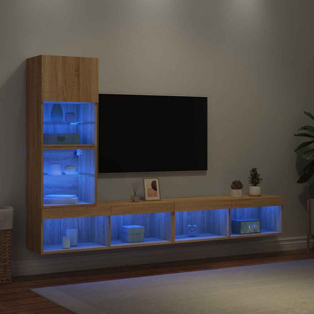 vidaXL 4-delige Tv-wandmeubelset met LED-verlichting bewerkt hout wit