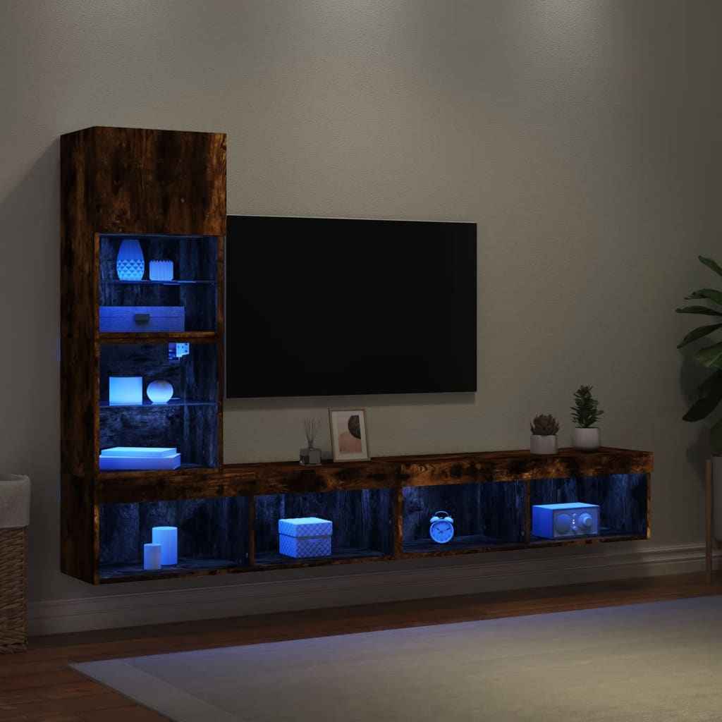 vidaXL 4-delige Tv-wandmeubelset met LED-verlichting bewerkt hout wit