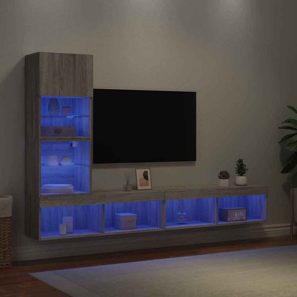 vidaXL 4-delige Tv-wandmeubelset met LED-verlichting bewerkt hout wit
