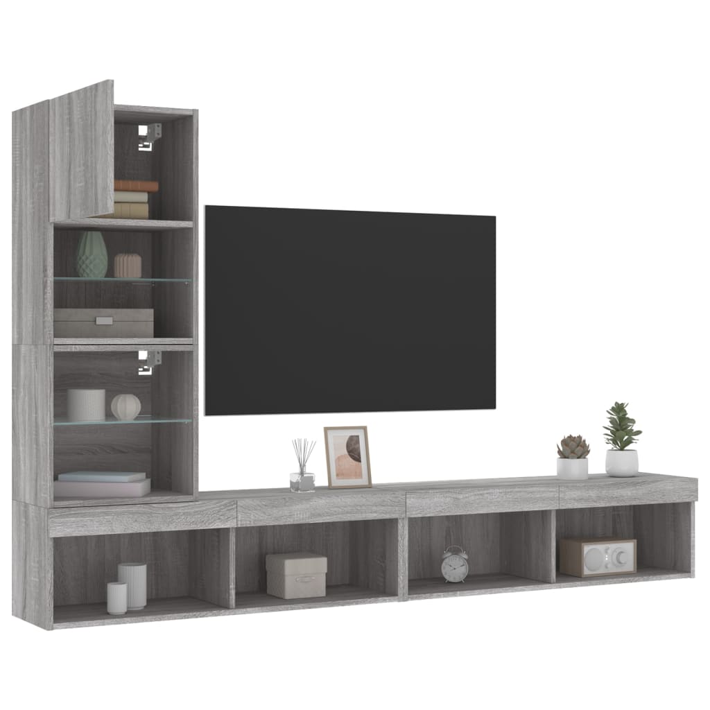 vidaXL 4-delige Tv-wandmeubelset met LED-verlichting bewerkt hout wit