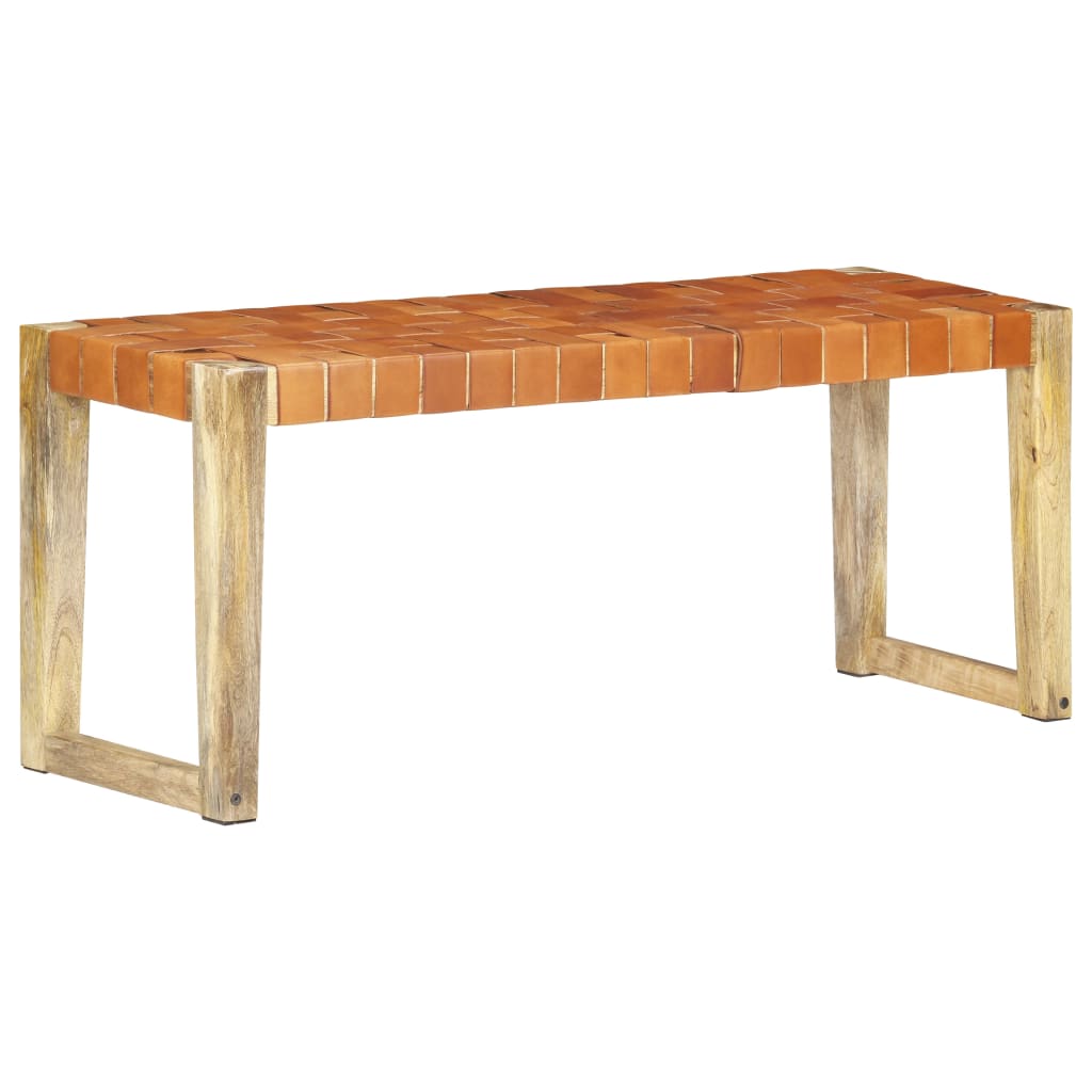 vidaXL Bankje 110 cm echt leer en massief mangohout bruin