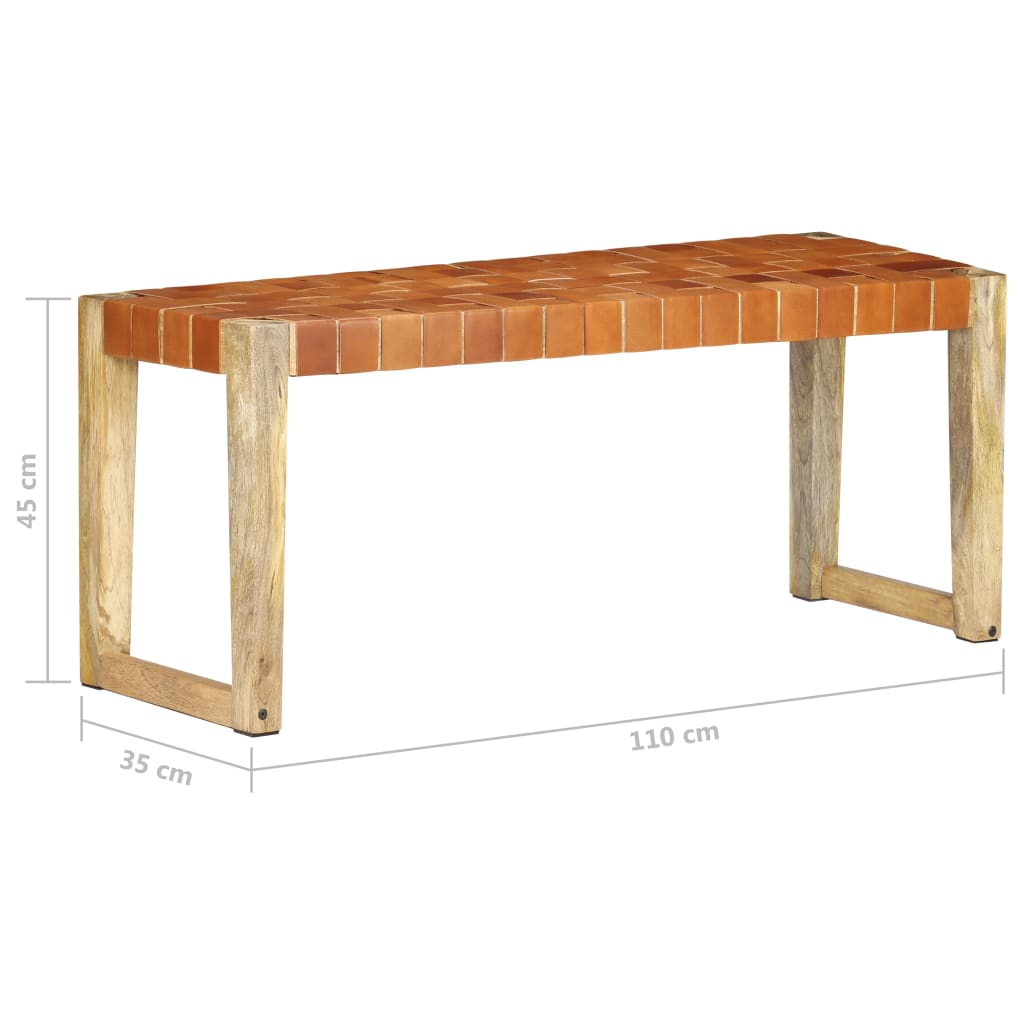 vidaXL Bankje 110 cm echt leer en massief mangohout bruin