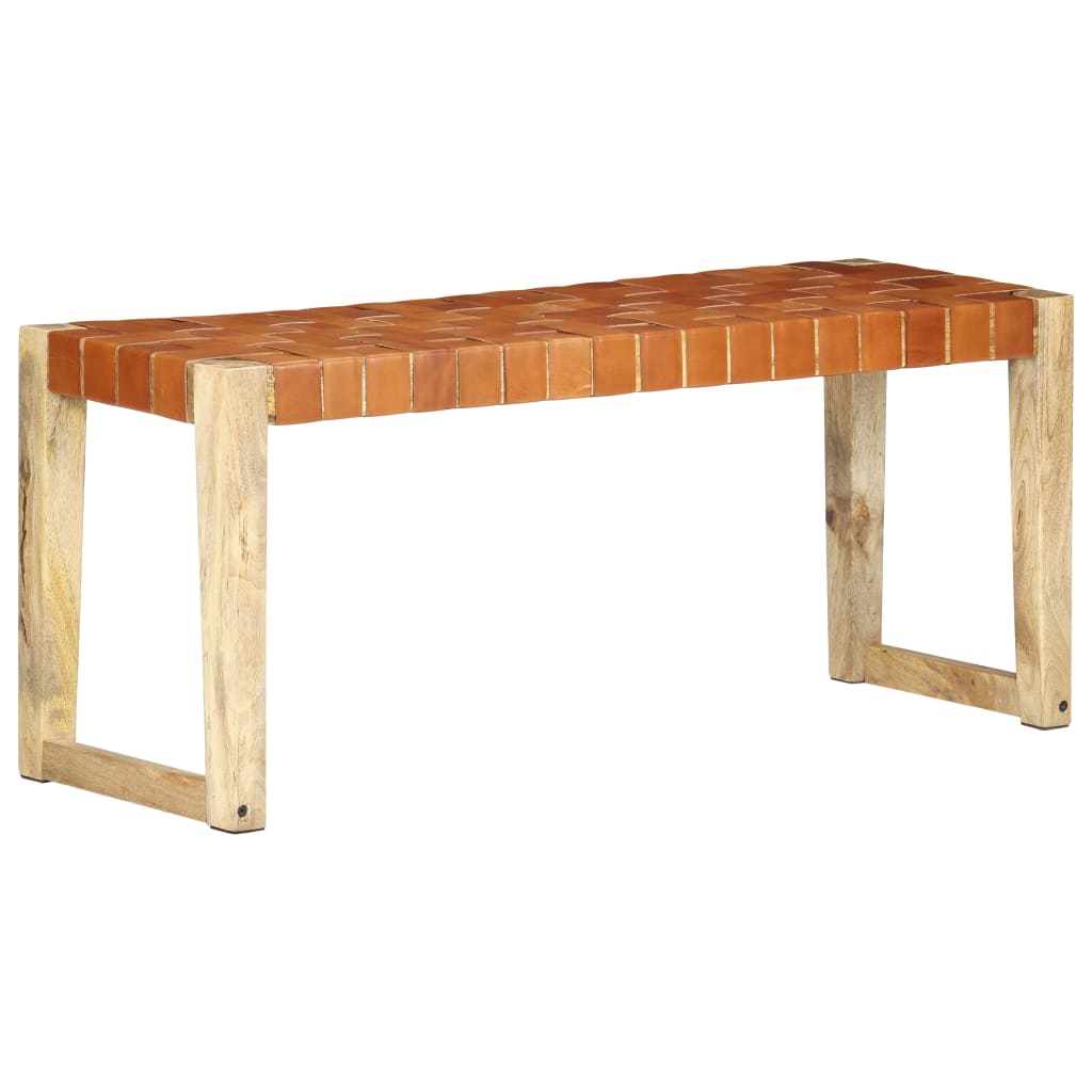 vidaXL Bankje 110 cm echt leer en massief mangohout bruin