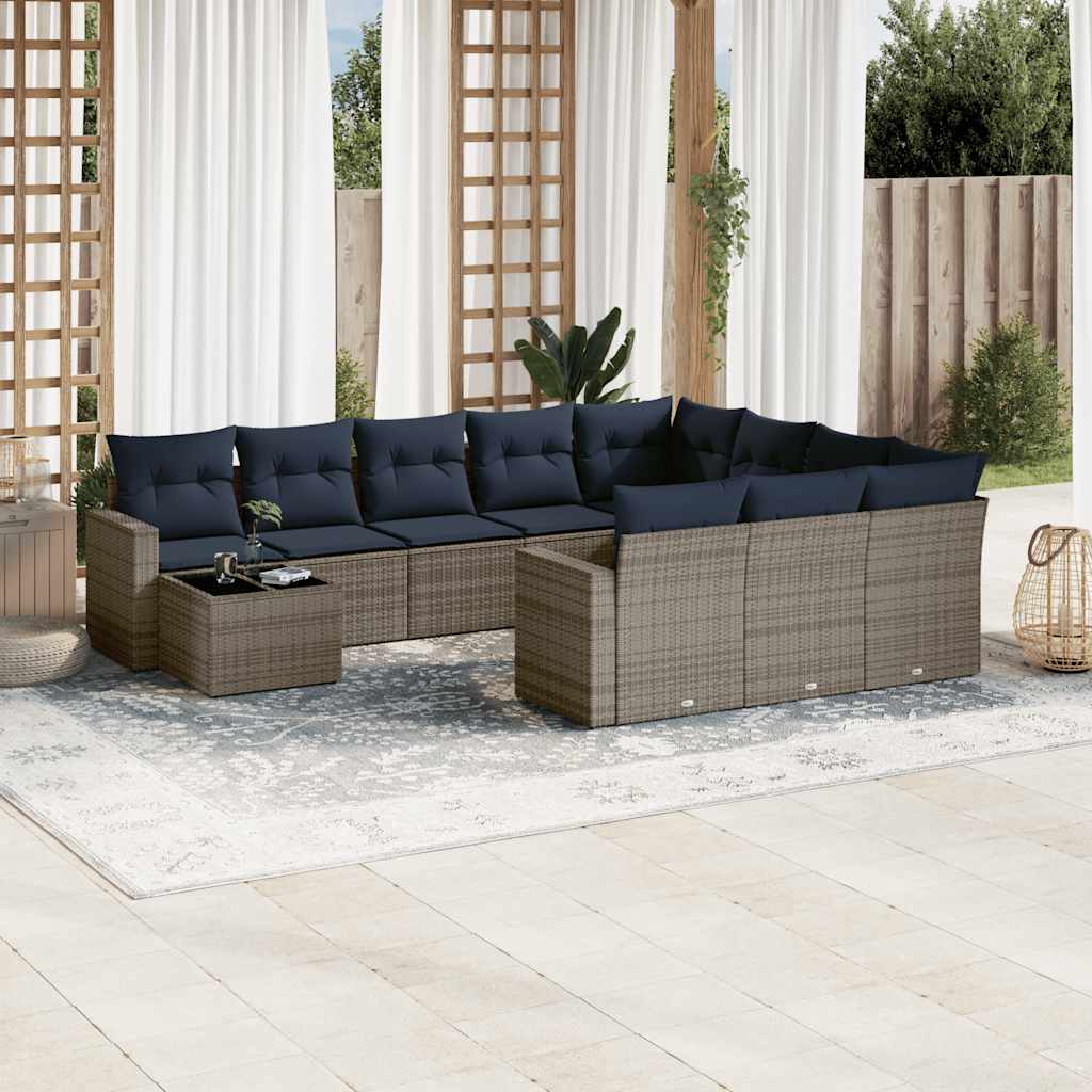 vidaXL 11-delige tuinbankset met kussens, zwart polyrotan
