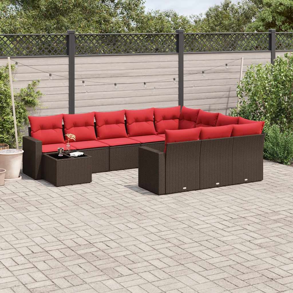 vidaXL 11-delige tuinbankset met kussens, zwart polyrotan