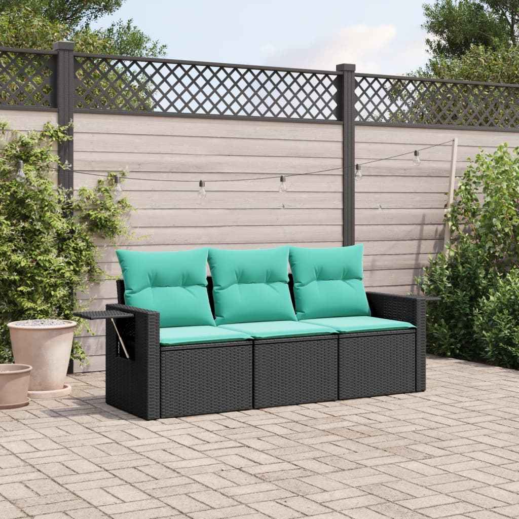 vidaXL 3-delige tuinbankset met kussens van zwart polyrotan