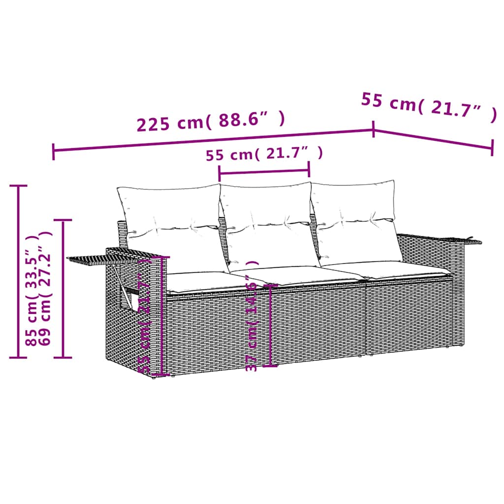 vidaXL 3-delige tuinbankset met kussens van zwart polyrotan