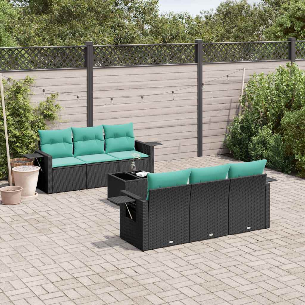 vidaXL 7-delige tuinbankset met kussens van zwart polyrotan