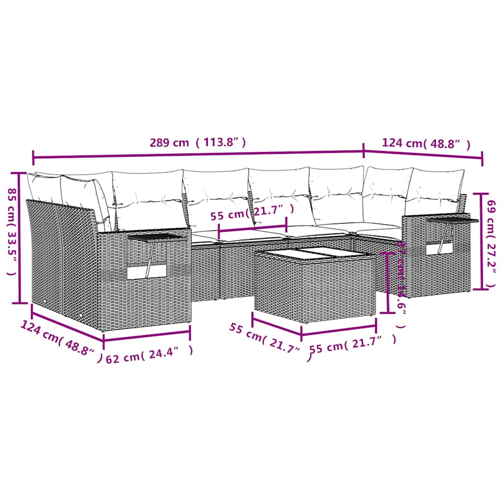 vidaXL 8-delige tuinbankset met kussens, zwart polyrotan