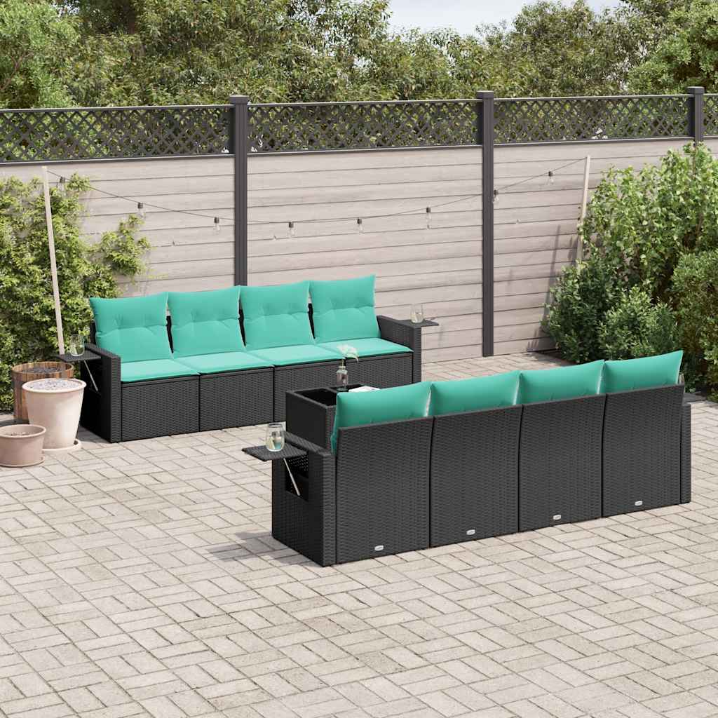 vidaXL 9-delige tuinbankset met kussens van zwart polyrotan