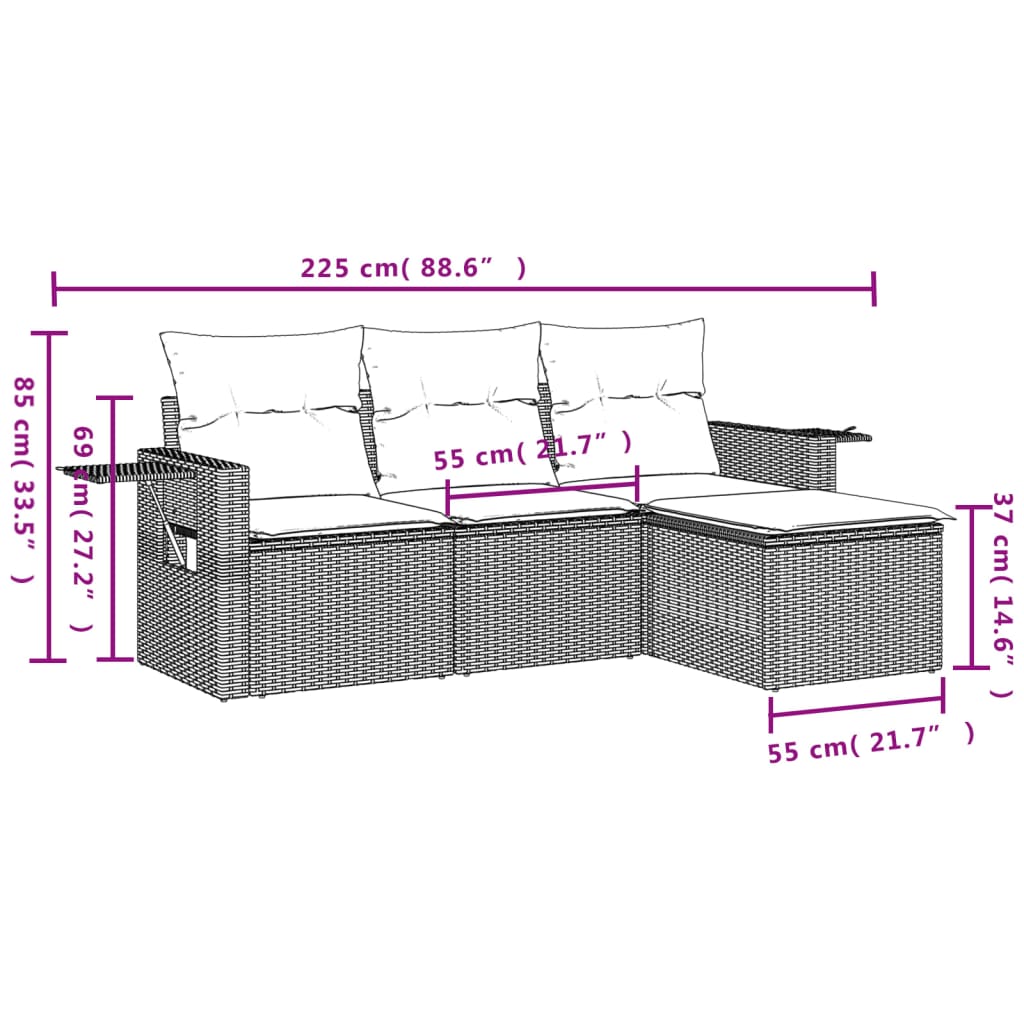 vidaXL 4-delige tuinbankset met kussens, zwart polyrotan
