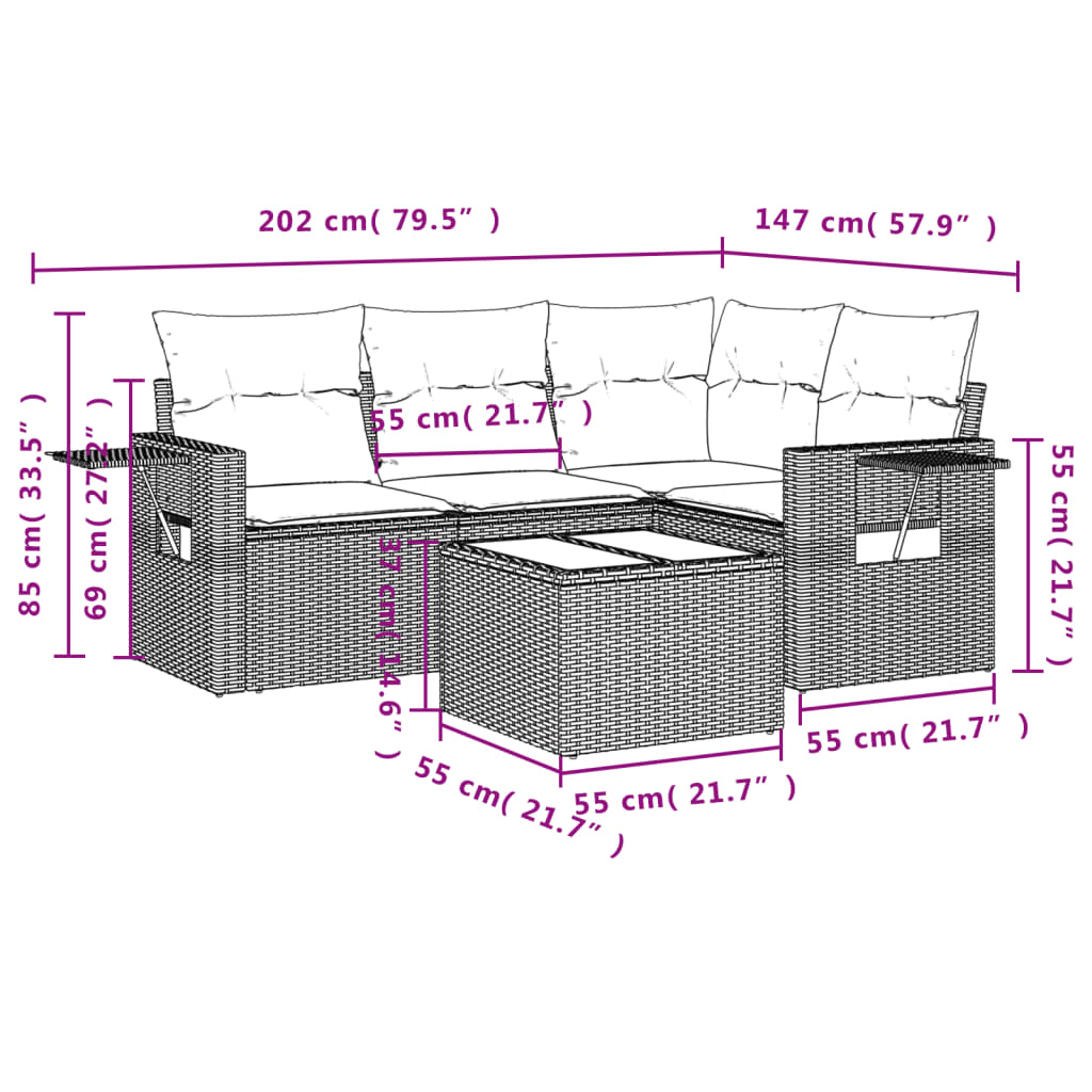 vidaXL 4-delige tuinbankset met kussens, zwart polyrotan