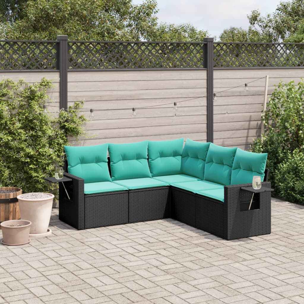 vidaXL 5-delige tuinbankset met kussens van zwart polyrotan