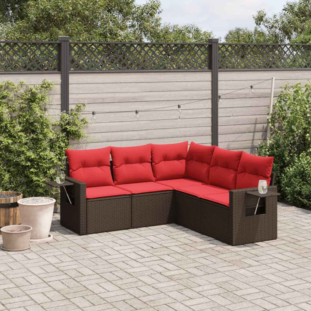 vidaXL 5-delige tuinbankset met kussens van zwart polyrotan