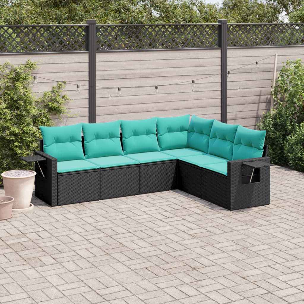 vidaXL 6-delige tuinbankset met kussens van zwart polyrotan