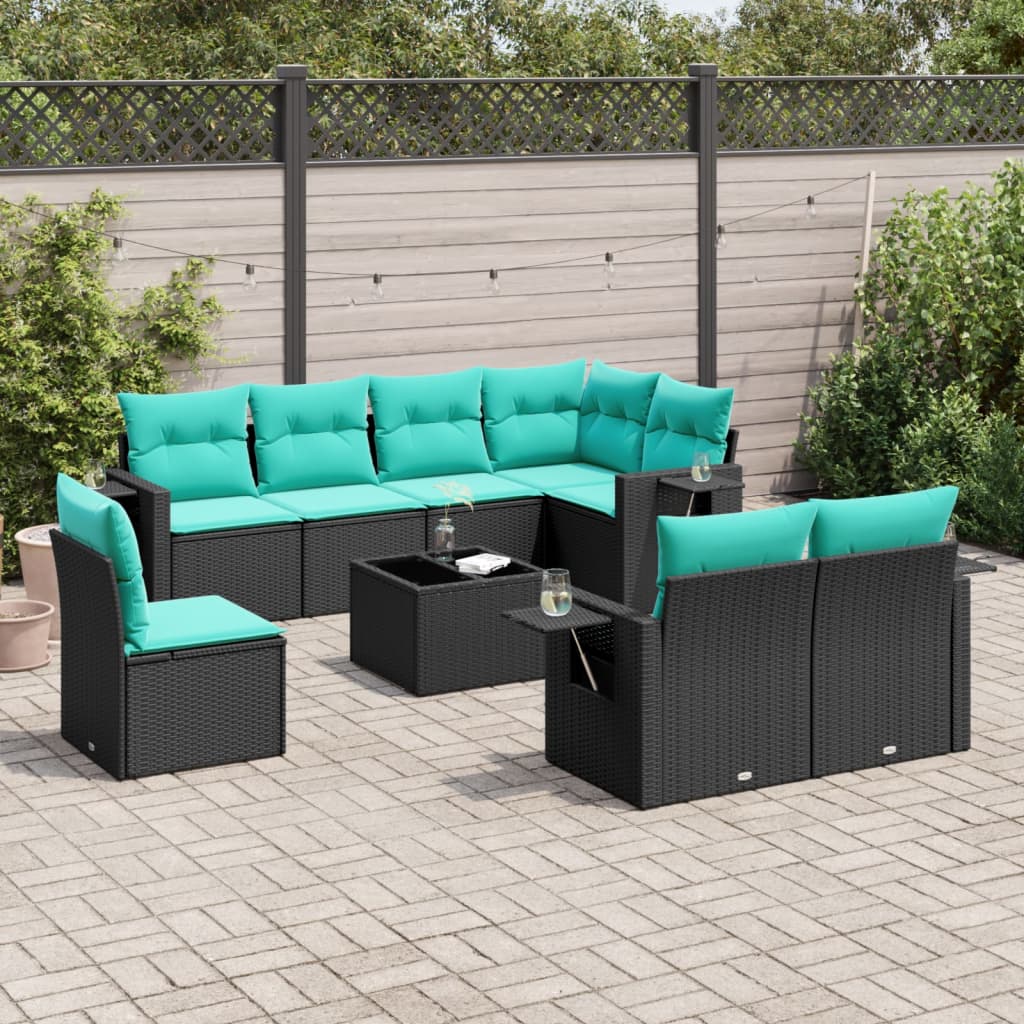 vidaXL 8-delige tuinbankset met kussens, zwart polyrotan