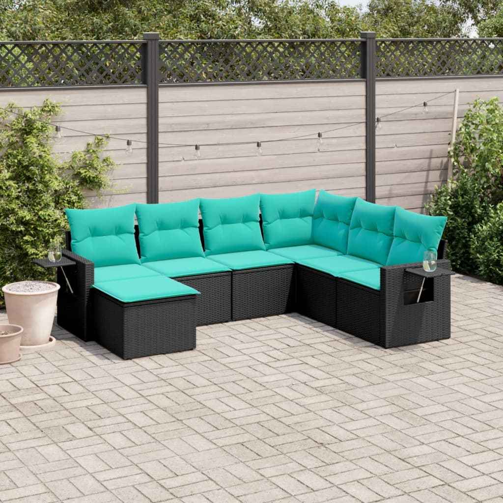 vidaXL 7-delige tuinbankset met kussens van zwart polyrotan