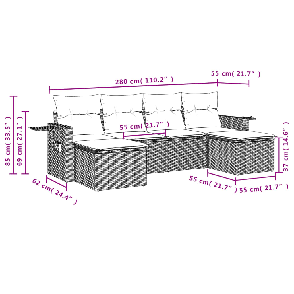 vidaXL 6-delige tuinbankset met kussens van zwart polyrotan