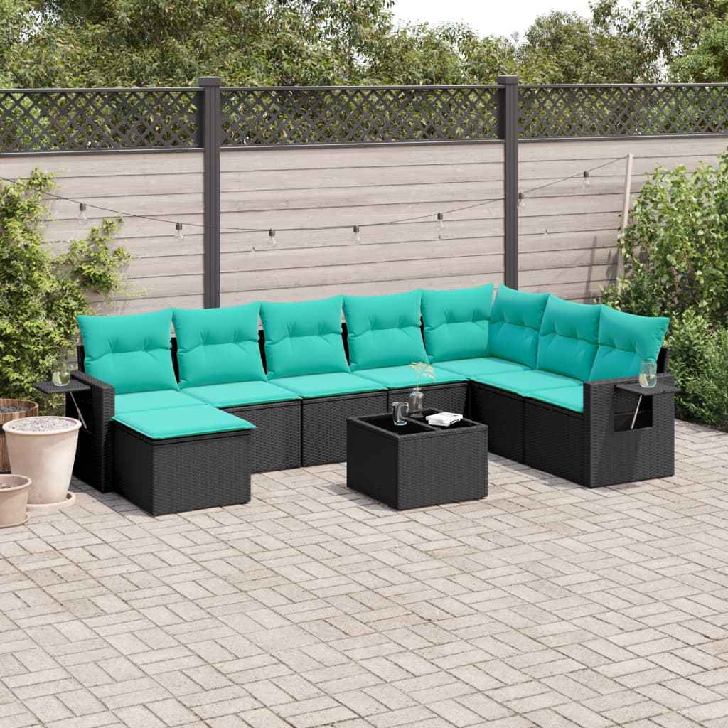 vidaXL 8-delige tuinbankset met kussens, zwart polyrotan