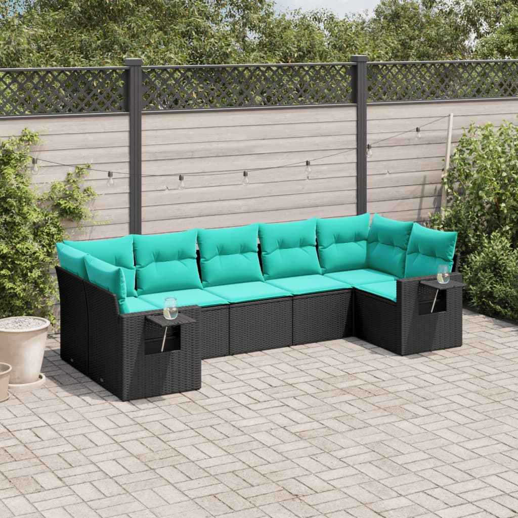 vidaXL 7-delige tuinbankset met kussens van zwart polyrotan