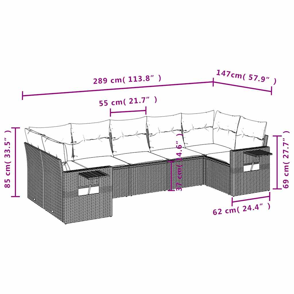 vidaXL 7-delige tuinbankset met kussens van zwart polyrotan