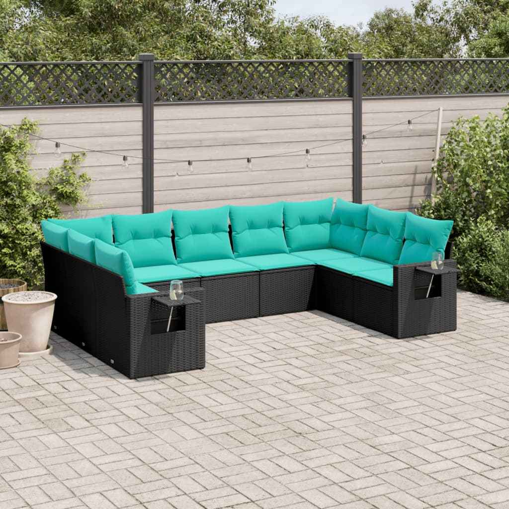 vidaXL 9-delige tuinbankset met kussens van zwart polyrotan