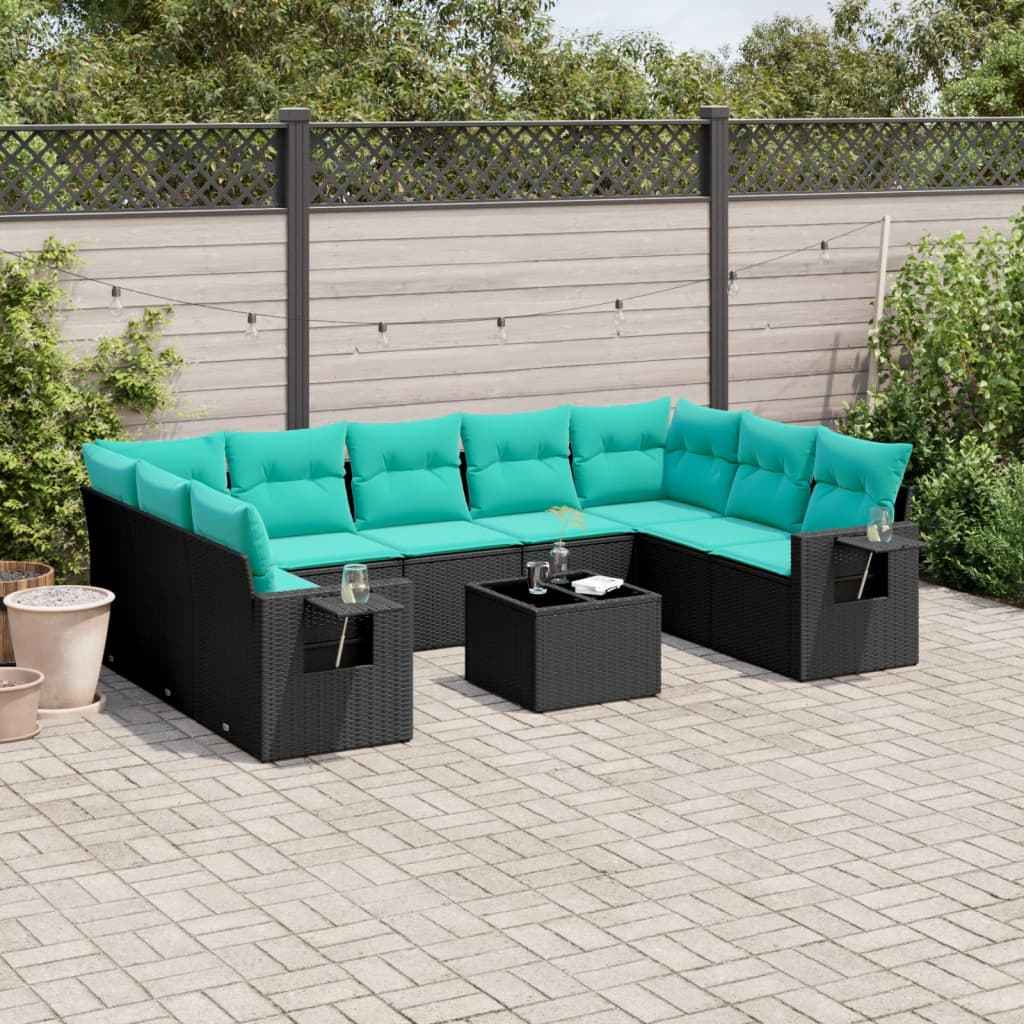 vidaXL 9-delige tuinbankset met kussens van zwart polyrotan