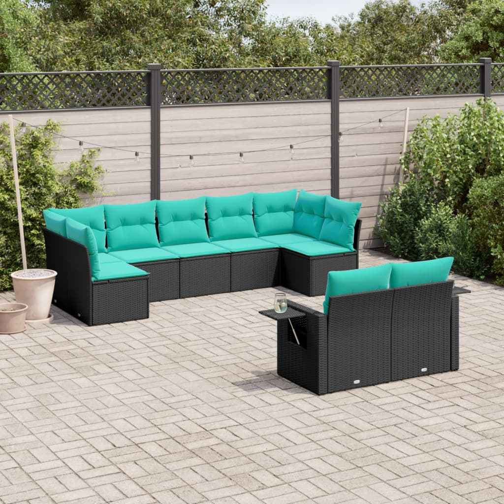 vidaXL 9-delige tuinbankset met kussens van zwart polyrotan